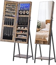 Nicetree 8 LEDs Standing Jewelry Mirror Cabinet, Full Length Mirror and Jewelry Storage All in One, Superior Storage Capacity Jewelry Armoire Stand Up Mirror,Rustic Brown