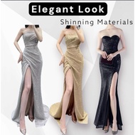 【N Fashions】Elegant Shimmer Draped Tube Dress | Shiny Fabric Party Gown | Glamorous Open Split Long 