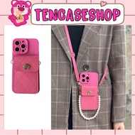 [ Has ip 15 ] neon pink ip pro camera case with 3 camellia charms crossbody strap for ip -TENCASESHO