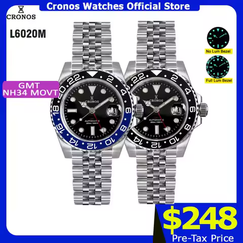 Cronos GMT NH34 Automatic Men WatchBidirectional Bezel Sapphire 20 ATM Solid, 5 Links Metal Bracelet