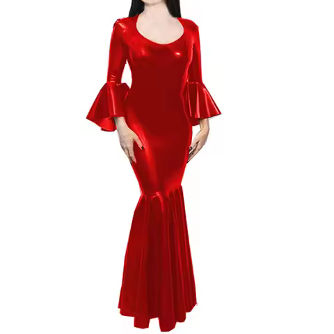 Lady Mermaid Leather PVC Deep O Neck Evening Flare Sleeve Fishtail Dress 2023 Hot Party Night Club R