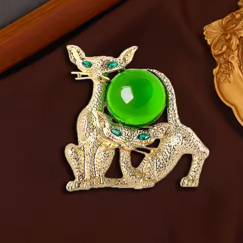 Medieval Unique Vintage Design Jelly Glazed Cat Poodle Brooch Large Resin Stone Rhinestone Baroque P