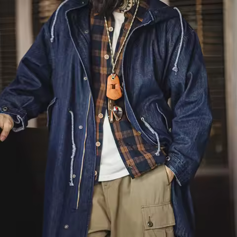 Maden Vintage 10.2oz M51 Denim Jackets Loose Mid-Length Solid Color Hooded Jackets Fishtail Windbrea