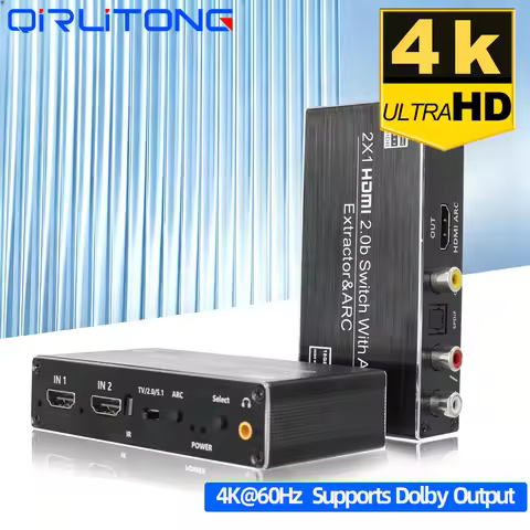 4K HDMI Switcher 2 in 1 out Audio Extractor HDMI ARC Audio Switch 2x1 Selector with R/L+Toslink SPDI