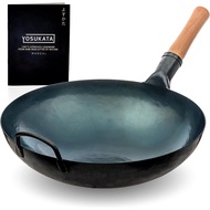 YOSUKATA Blue Round Bottom Wok Pan – 14"/36 cm Woks and Stir Fry Pans - Chinese Hammered Pow Wok Car