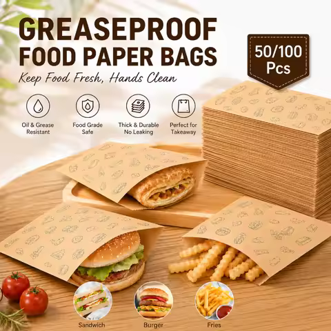 50/100Pcs Disposable Greaseproof Paper Bags French Fries Burger Package Bag Dessert Packaging Baking