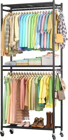 Clothes Rack - 33.0' x 12.2' x 79.5' Clothing Rack with Shelves & Wheels, Multi-Functional Wardrobe 