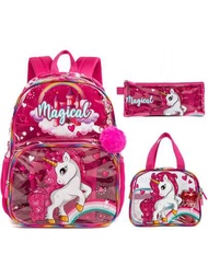 Mochila Transparente De Material Impermeable De Pvc Con Patrón De Unicornio De Dibujos Animados De Moda Para Niños Con Bolsa De Almuerzo Y Estuche Para Lápices, Conjunto De 3 Piezas Con Colgante De Felpa, Gran Capacidad, Protección Espinal, Mochila De Hombro Ligera, Bolso Combinado Para Estudiantes, Sin Revisión De Seguridad