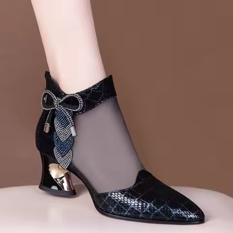 Mesh Women's Ankle Boots Summer Breathable Rhinestone Pointed Head Fashion Sandals Luxury Ladies Hig