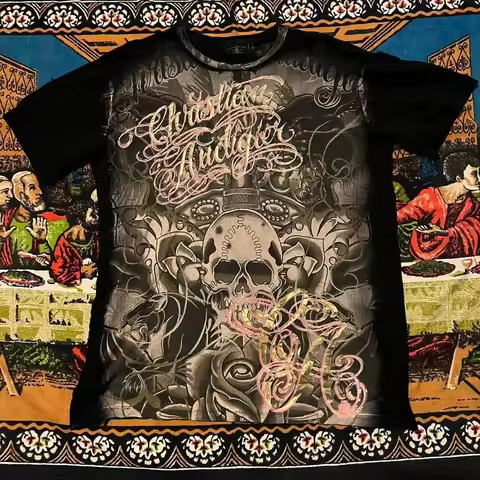 2000s summer latest Gothic style Crazy rare christian audigier shirt oversized printed pattern loose