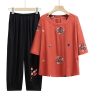 Middle-aged Elderly Summer Dress Plus Fat Plus Size Women's Embroidered Three-Quarter Sleeve T-Shirt Suit Grandma