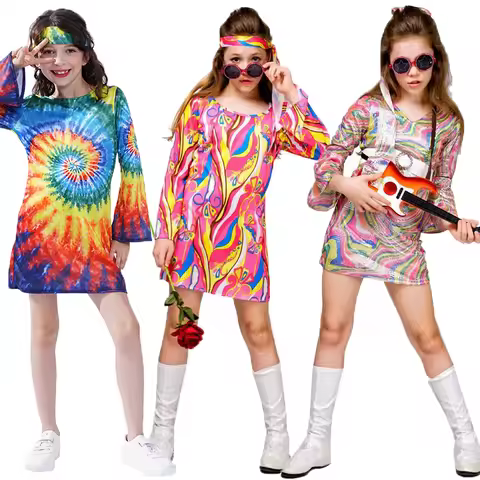 Kids Halloween 60s 70s Fancy Dress Rainbow Hip Hop Costume Cosplay Cute Girls Purim Party Hippies Ou
