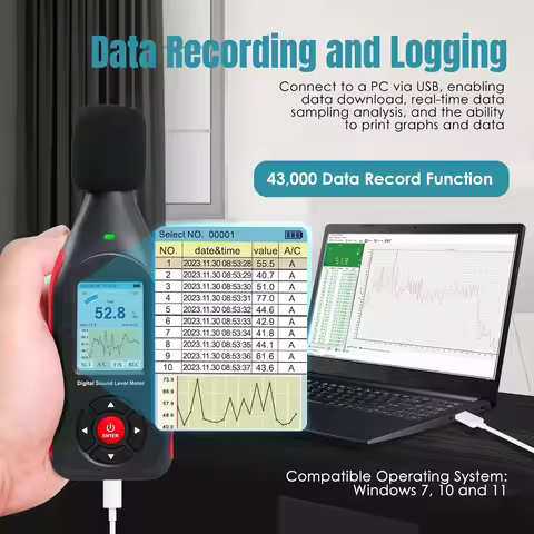 Sound Level Tester Decibel Meter Datalogger with Visual Alarm,Coloured Screen Display 43,000 Data Se