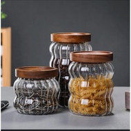 KAYU Premium QUALITY Newest Balang Kuih Airtight Curve Glass Canister Used Kuih Raya Nordic Wooden Lid Telap Glass