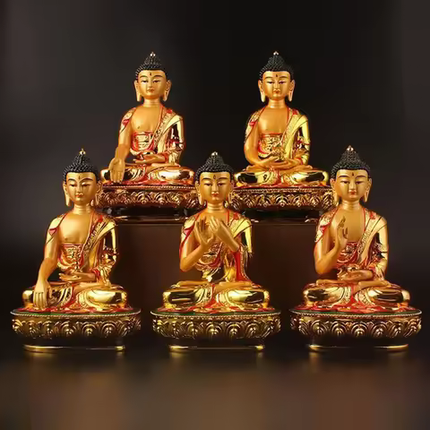 Tibetan Five Dhyani Buddhas ornament, Shakyamuni Medicine Buddha Vairocana Buddha Resin sculpture, H