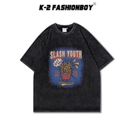 [K-2] SLASH YOUTH HOT FOOD French Fries Washed Short T Trendy Sleeve Top Loose Dropped Shoulders [B8