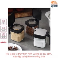 Combo of 3 [New model] Square glass spice jar with handle, self-opening lid, comes with a convenient