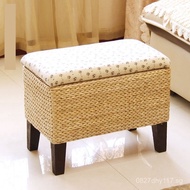 Seated KI9S Straw Woven Storage Stool Storage Bench Low Stool Home Entrance Rectangular Stool Solid 
