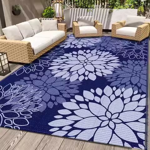 Waterproof Reversible Outdoor Rug 5x8ft Blue - UV Resistant Plastic Straw Mat for Patio Deck Garden 