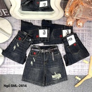 Quần đùi sọt ngố jean bò nữ dáng ngắn thêu tim đỏ - Size SML - 2614 2615