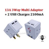 SIRIM APPROVED ME 13A 3Way Multi Adaptor With 2 USB Charges 2100mA for Ipad IPhone Phone Camera PSP