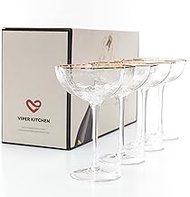 VKIT Coupe Champagne Glasses, Set of 4, Gold Rim, 5 oz, Crystal Clear Glass, Modern Vintage Style, W