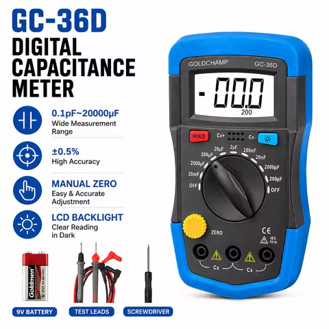 Digital Capacitance Meter 0.1pF to 20000uF Capacitor Tester 9 Ranges High Accuracy Data Hold Backlig