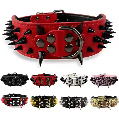 2" Wide Sharp Spiked Studded Leather Dog Collars Pitbull Bulldog Big Dog Collar Adjustable For Mediu