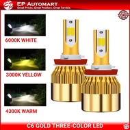 (3-Kaler) C6 Emas Mentol LED Kereta Tri-Color LED headlight H4 H7 Car MotorH11 H8 H3 h7 Fog lamp bul