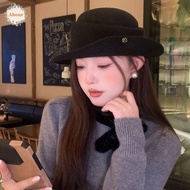 AHOUR Black Felt Hat, Woolen Elegant Hepburn Style Flat-top Cap, French Retro Wide Brim White Women 