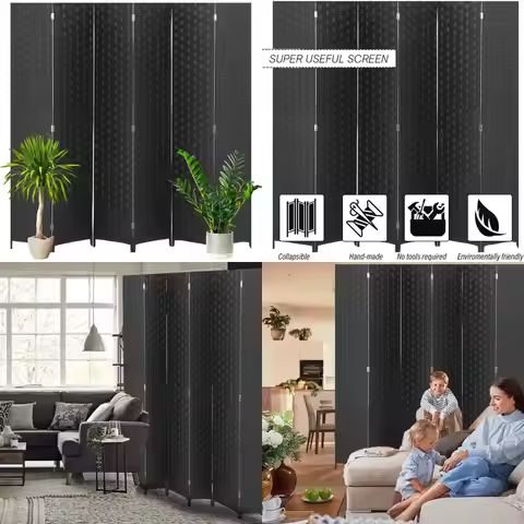 Wooden 6-Panel Room Divider with Hand-Woven Mesh Design, 6 Feet Tall, Black, for Home and Office Pri