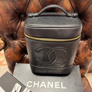 日本中古香奈兒 CHANEL 魚子醬荔枝皮 黑色金鏈 化妝箱 Vintage Vanity bag 化妝包 手提包 有卡有盒