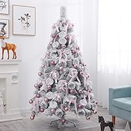 Snow Flocked Artificial Christmas Pine Tree,6ft Pre-Lit Premium PVC Pine Needle Xmas Tree With Metal Stand &amp; LED Lights &amp; Ornaments -white+fence 6ft
