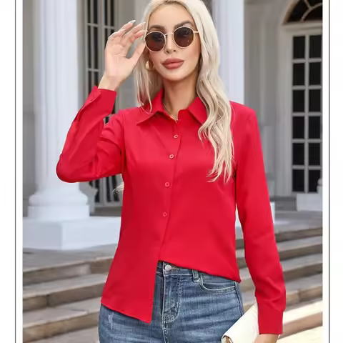 Red Shirt Women Fashion Business Shirts Office Lady Long Sleeve Blouse Spring Women Clothing Button
