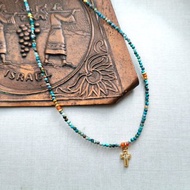 復古極細天然原礦綠松石包14K金十字架鑲鑽項鍊