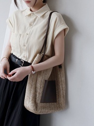 French Cotton Linen Short Sleeve Shirt for Women Loose Fit Summer Polo Collar Work Clothing Boutonni