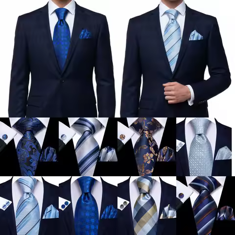 Hi-Tie Mens Gift Tie Set Blue Solid Striped Silk Wedding Tie For Men Fashion Design Quality Tie Hank