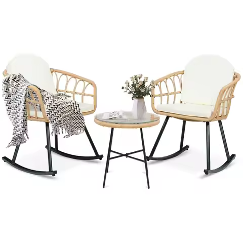 3 Piece Rocking Chair Set Outdoor Wicker Rattan Thickened Cushion Patio Conversation Bistro Balcony 