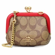 【COACH】滿版LOGO皮革小廢包/ 零錢鍊包-卡其紅