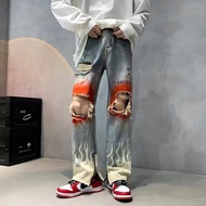 ∈ Cyber Y2k Men Hip Hop Streetwear Flame Hole Washed Baggy Jeans Low Rise 2000s Ripped Alt Denim Tro
