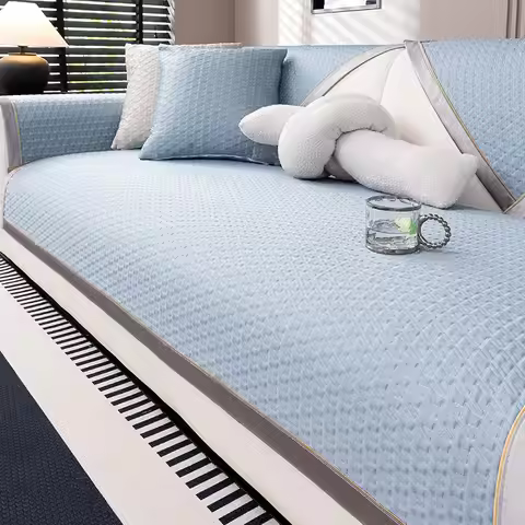 Houndstooth Cooling Feeling Silk Sofa Cover Icy Soft Anti-Slip L Shape Sofa Cushions Cooled Recliner
