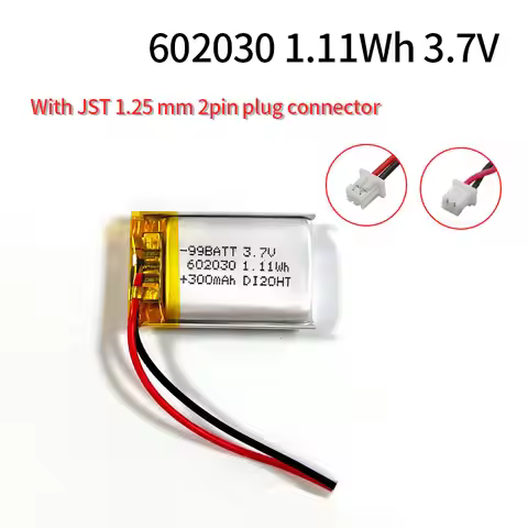 602030 3.7V JST 1.25 Li-Polymer Battery 300mAh 2pin Lithium Batteries for Bluetooth Ear Charging Cas