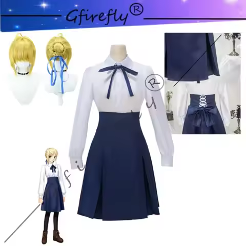 Artoria Pendragon Saber Cosplay Costume Blue White Casual Outfit Bow Tie Full Set Adult Women Hallow