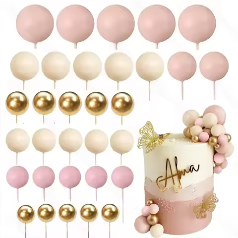 1 Set Pink Balls Cake Decorations 2-4cm Gold Boho Skin Baby Pink Cake Toppers for Birthday Wedding B