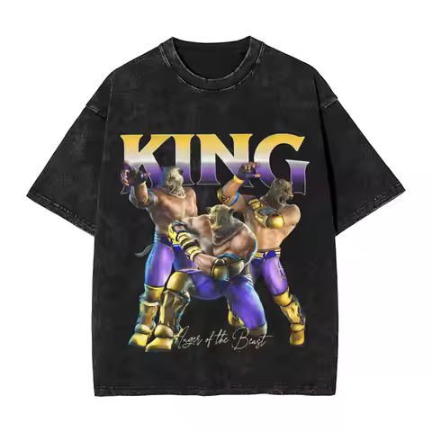 Tekken 8 King Washed T-Shirt Men Aesthetic Casual T-Shirts Summer Crew Neck Hip Hop Tee Shirt Patter