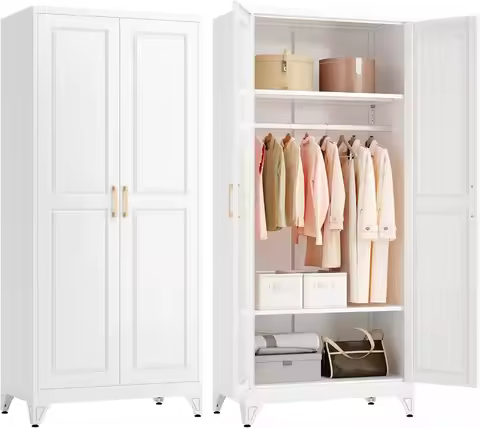 Metal Armoire Wardrobe Closet with Doors and Shelves, 71" Tall Freestanding Wardrobe Cabinet for Han