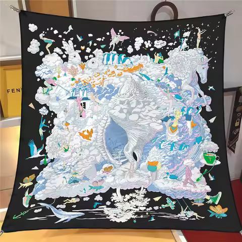 2024 New Design 90CM Shawl Cloudy Universe Printed Silk Scarf Square Scarves Lady Wraps Kerchief Wom