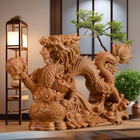 Solid Wood Carving Chinese Dragon Sculptures Figurines Auspicious Animals Home Room Office Table Dec
