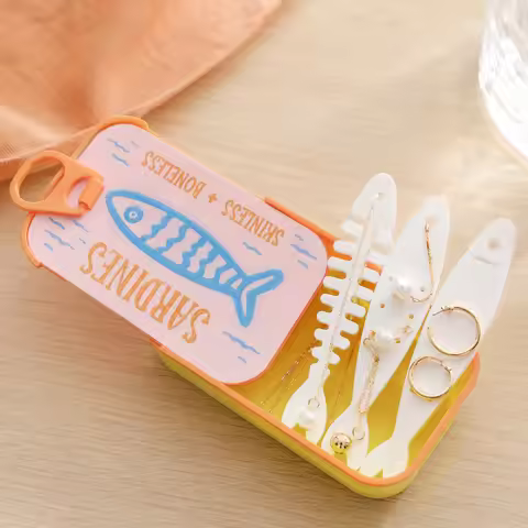 Sardine Tin Jewelry Box Easy Open Sardine Shaped Storage Box with Fish Bone Holder For Rings Earring