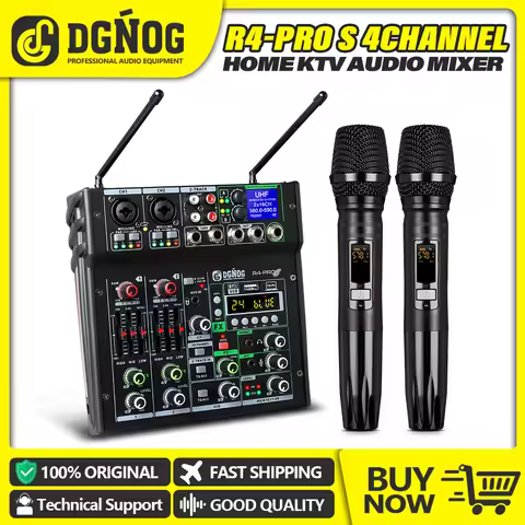 DGNOG R4-PRO S Karaoke Audio Mixer 4 Channel Mixer with Dual UHF Wireless Microphone DJ Mixer Blueto